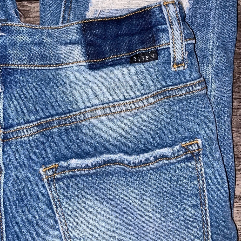 RISEN Jeans Distressed Two Tone Denim Straight Women Size 3 Boho Stretch Edgy - Picture 8 of 12